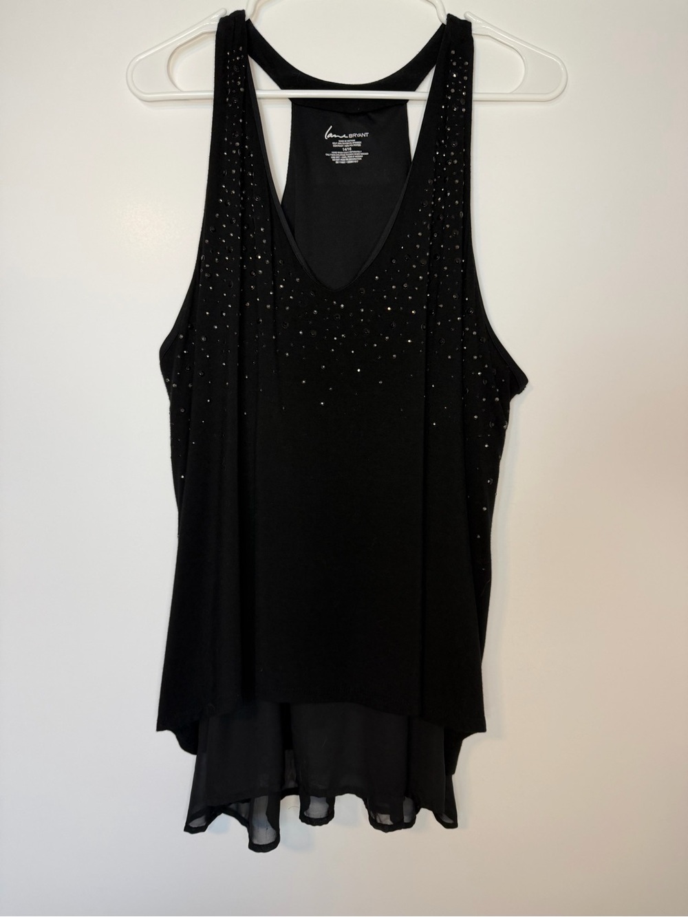 Lane Bryant Black Sleeveless Rhinestone-Accented Chiffon-Hem Tank